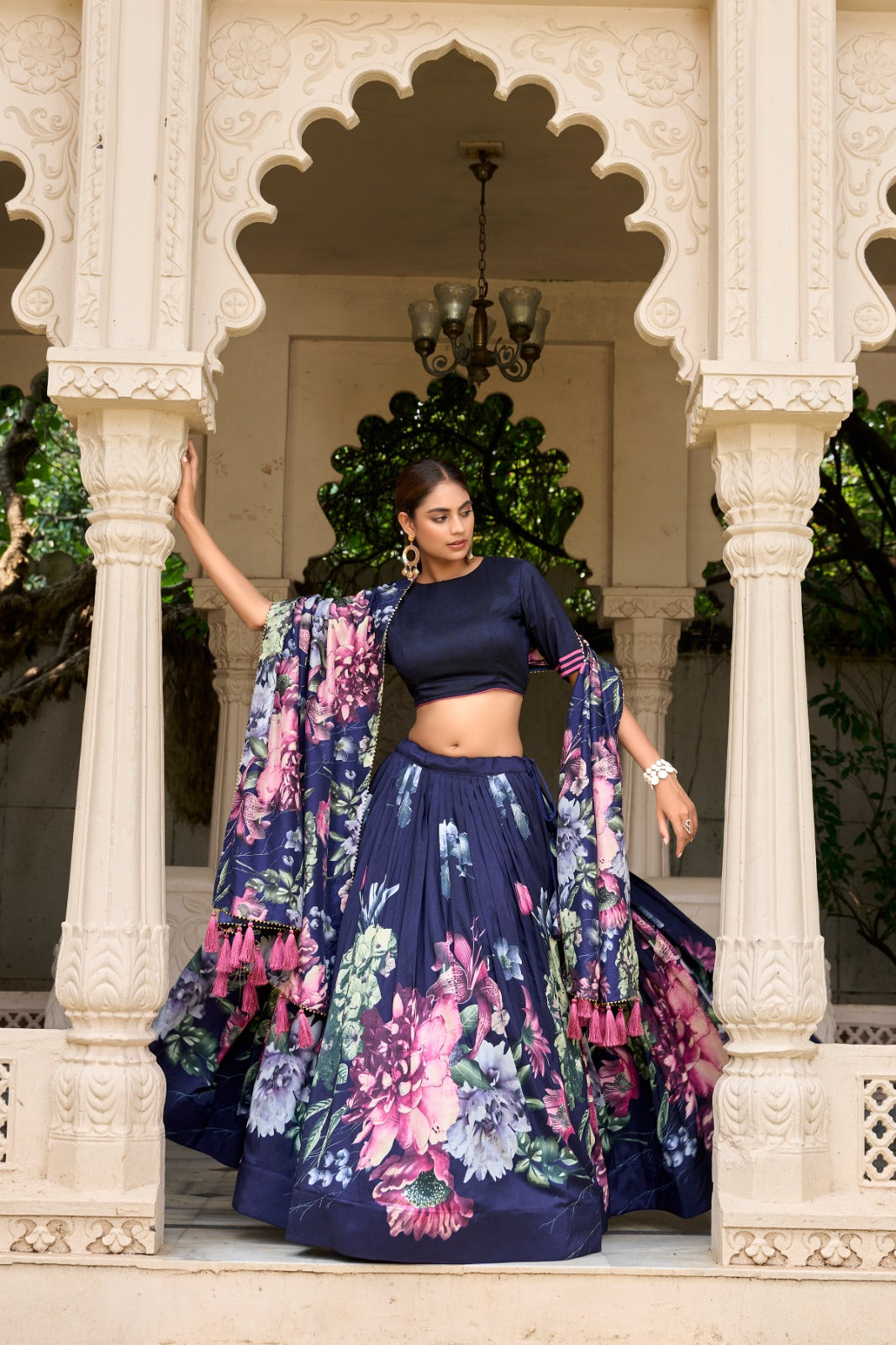 Stylish Tussar Silk Floral Digital Printed Lehenga Choli Set - INDIAN ELEGANCE