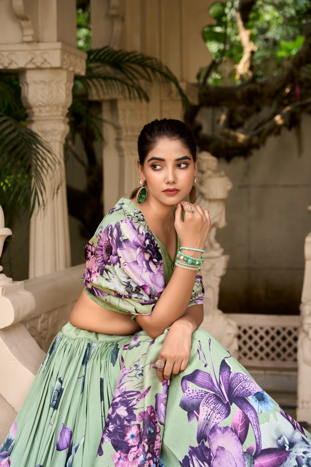 Stylish Tussar Silk Floral Digital Printed Lehenga Choli Set - INDIAN ELEGANCE