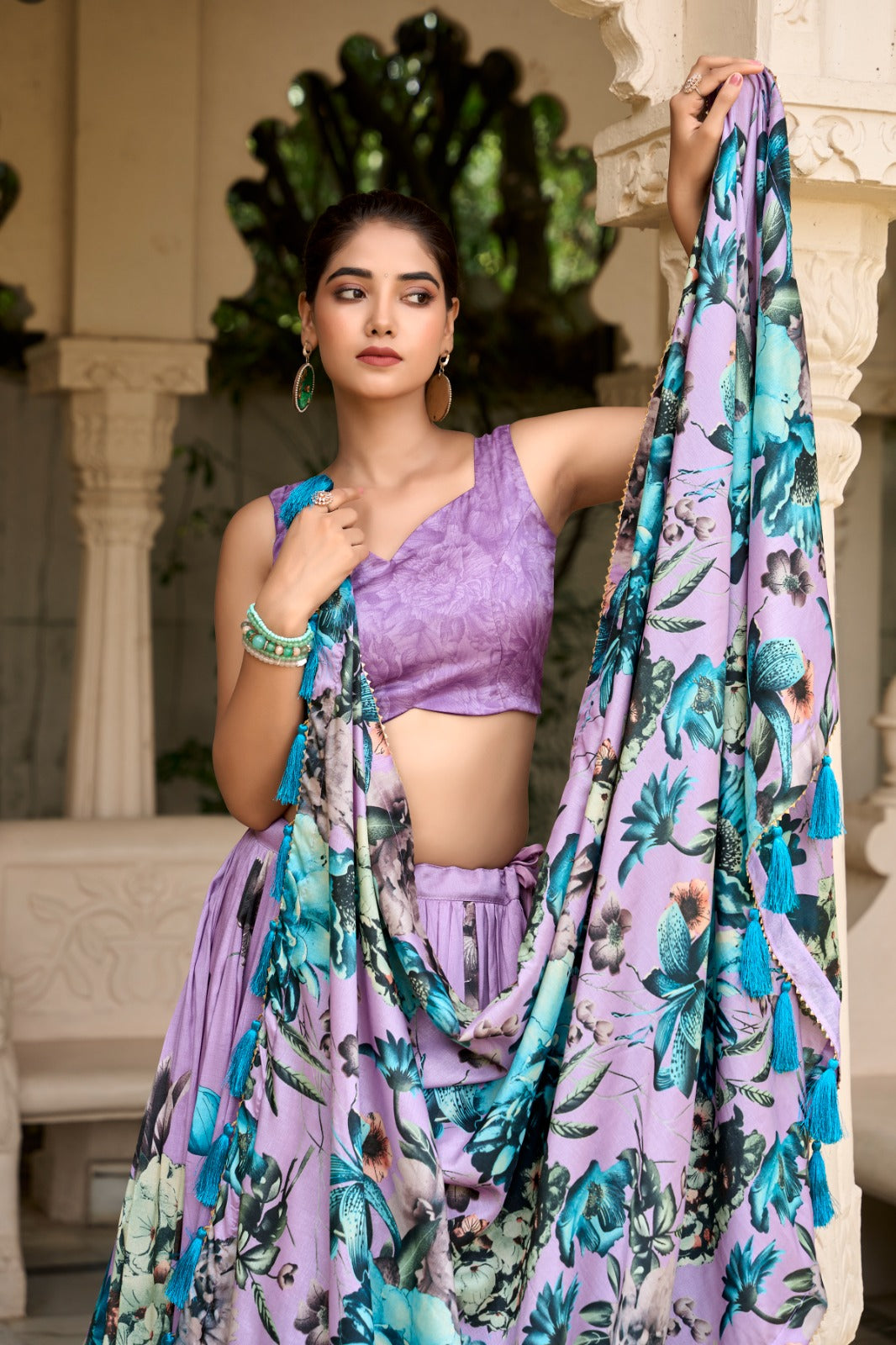 Stylish Tussar Silk Floral Digital Printed Lehenga Choli Set - INDIAN ELEGANCE