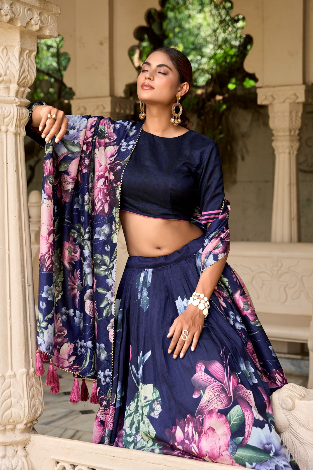 Stylish Tussar Silk Floral Digital Printed Lehenga Choli Set - INDIAN ELEGANCE
