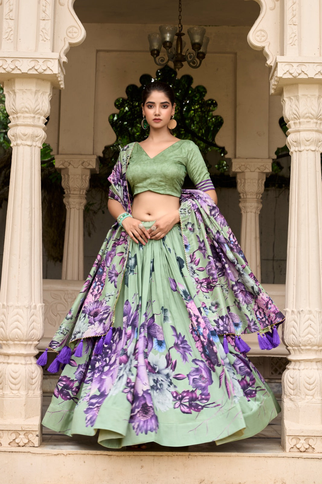 Stylish Tussar Silk Floral Digital Printed Lehenga Choli Set - INDIAN ELEGANCE