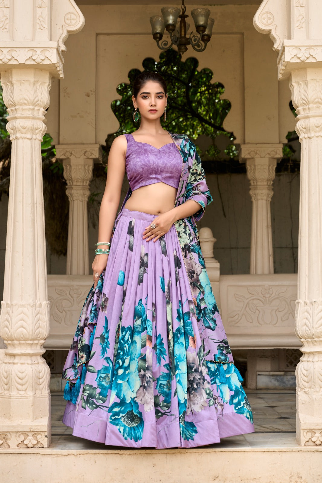 Stylish Tussar Silk Floral Digital Printed Lehenga Choli Set - INDIAN ELEGANCE