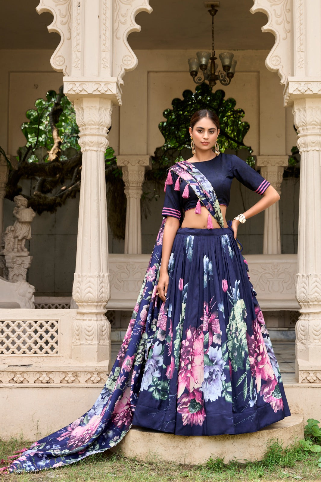 Stylish Tussar Silk Floral Digital Printed Lehenga Choli Set - INDIAN ELEGANCE