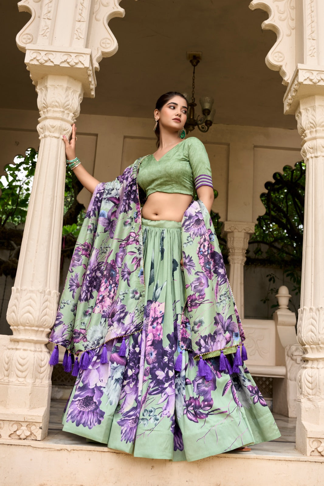Stylish Tussar Silk Floral Digital Printed Lehenga Choli Set - INDIAN ELEGANCE