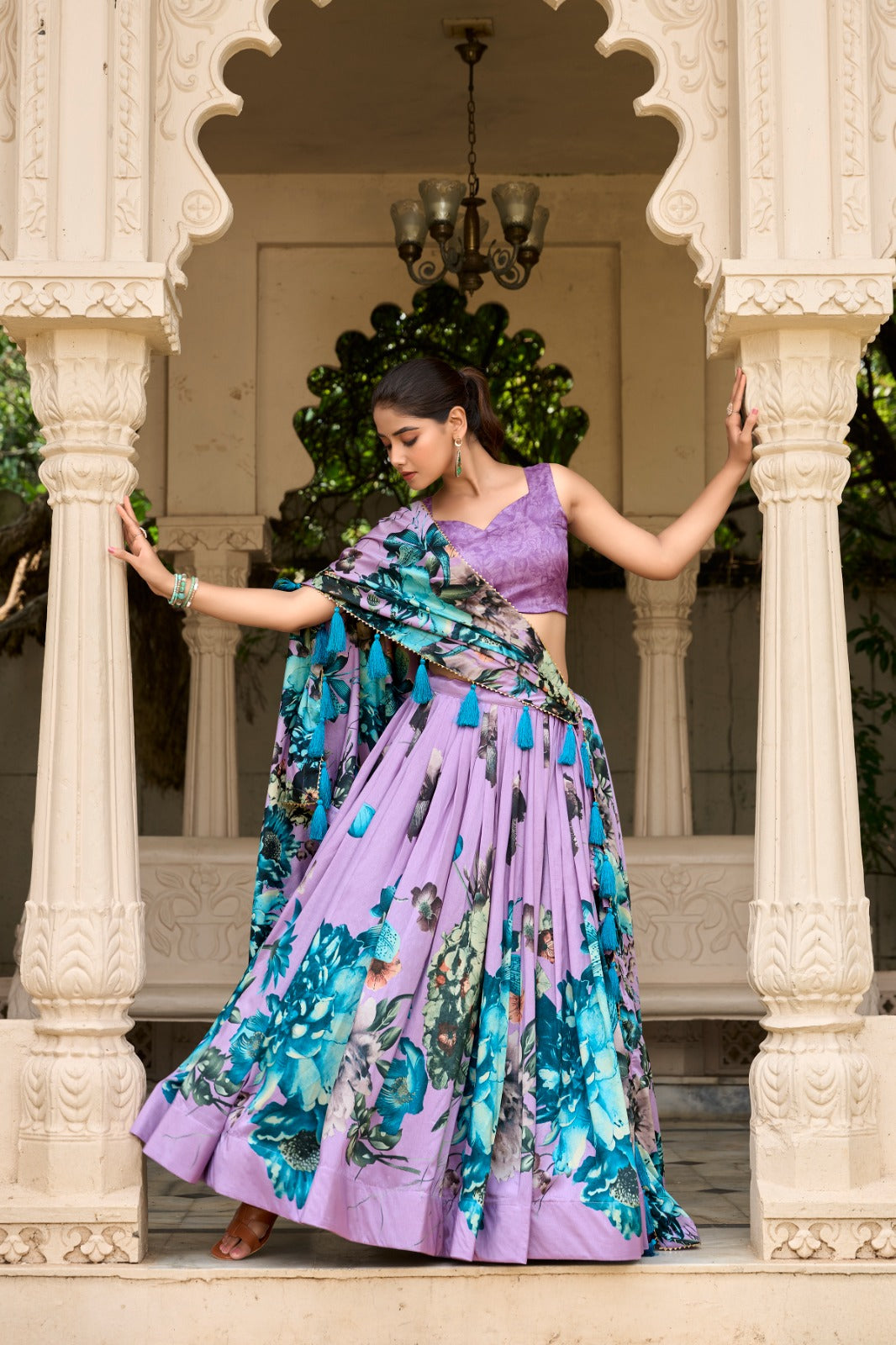 Stylish Tussar Silk Floral Digital Printed Lehenga Choli Set - INDIAN ELEGANCE