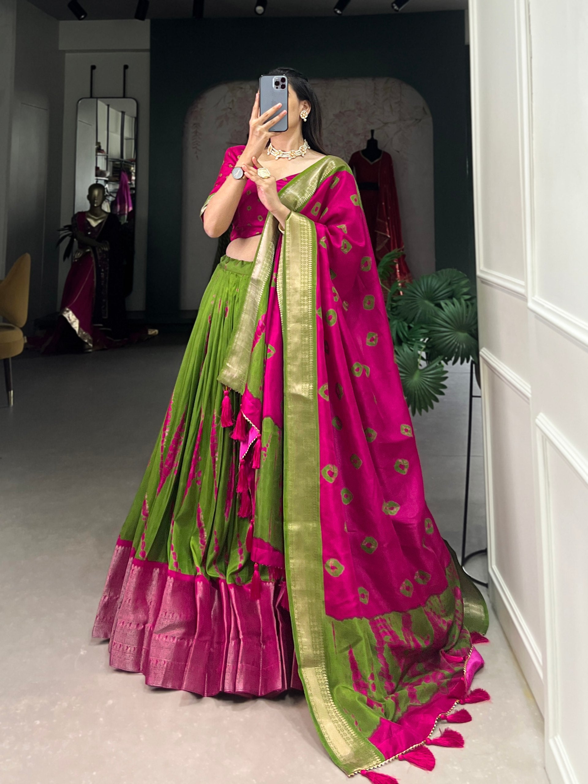 Magnificent Dola Silk Shibori Printed Zari Weaving Border Worked Lehenga Set - INDIAN ELEGANCE