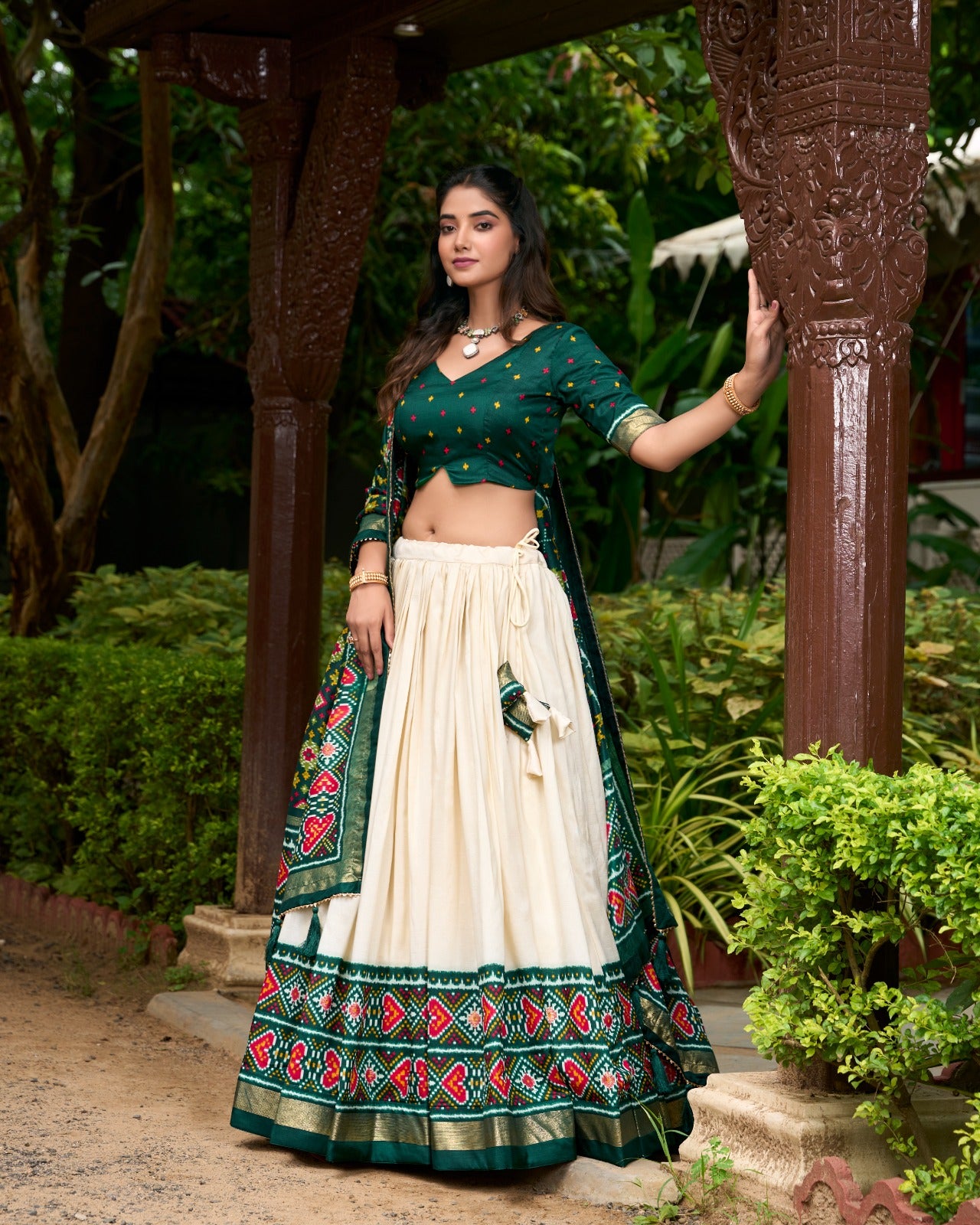 Dashing Green Tussar Silk Patola Printed Lehenga Choli Set - INDIAN ELEGANCE