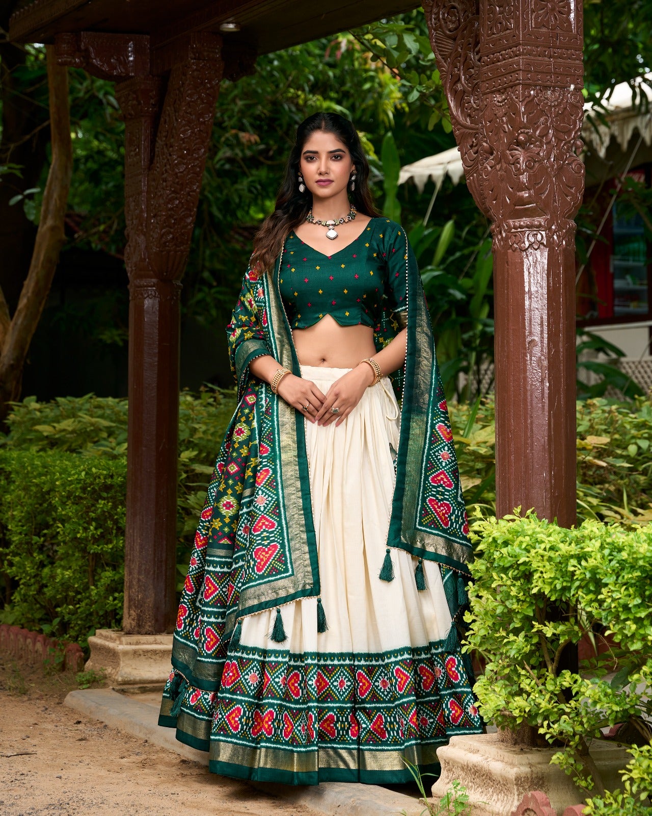 Dashing Green Tussar Silk Patola Printed Lehenga Choli Set - INDIAN ELEGANCE