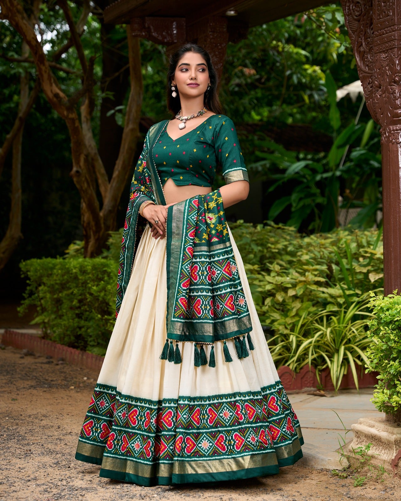 Dashing Green Tussar Silk Patola Printed Lehenga Choli Set - INDIAN ELEGANCE