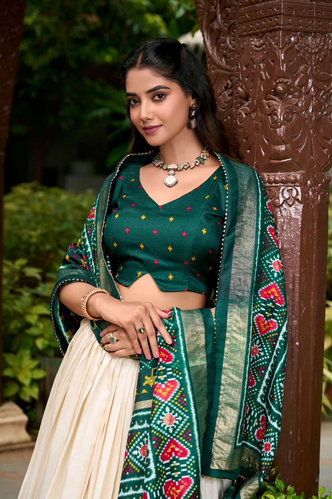 Dashing Green Tussar Silk Patola Printed Lehenga Choli Set - INDIAN ELEGANCE