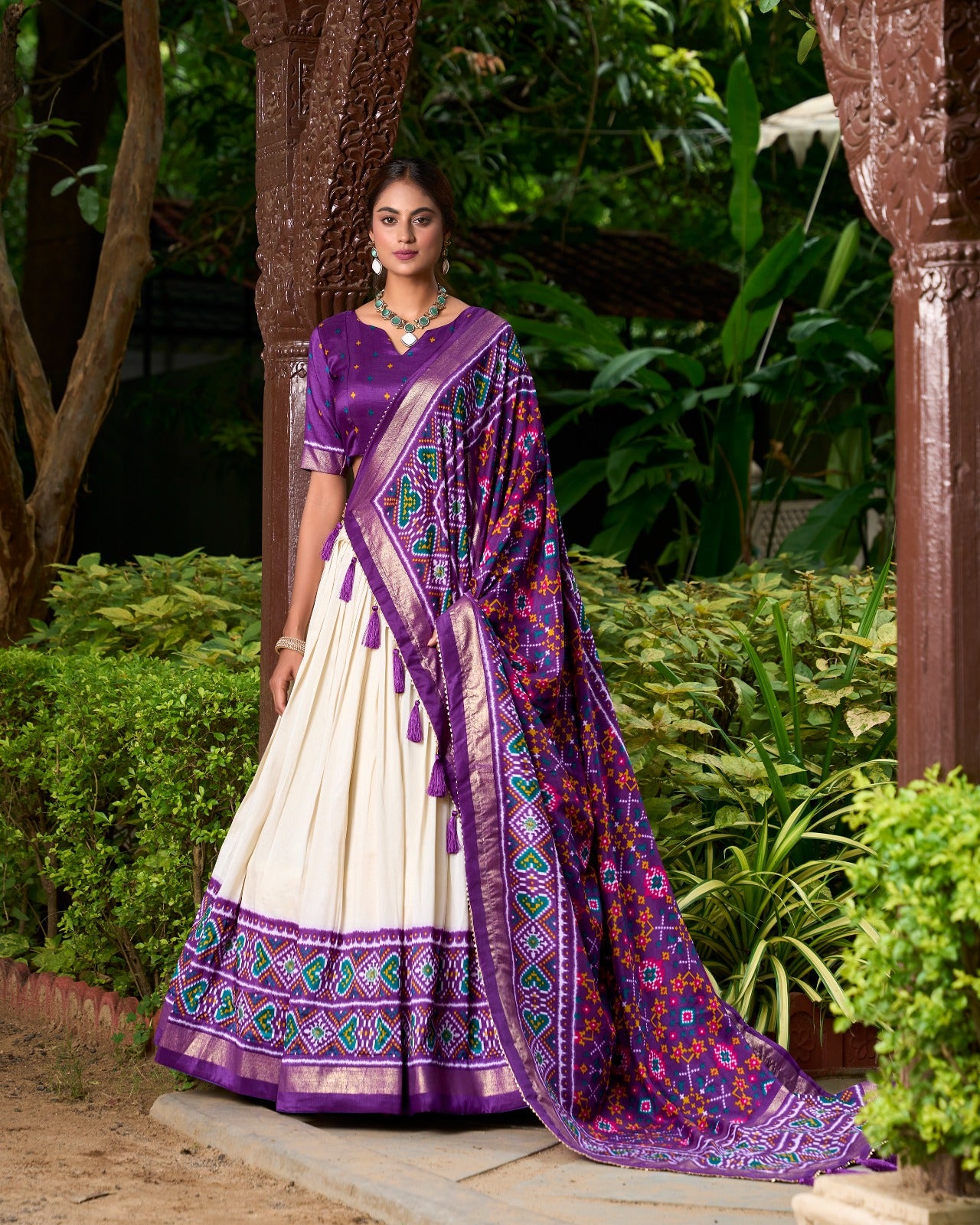Spectacular Purple Tussar Silk Patola Printed Lehenga Choli Set - INDIAN ELEGANCE