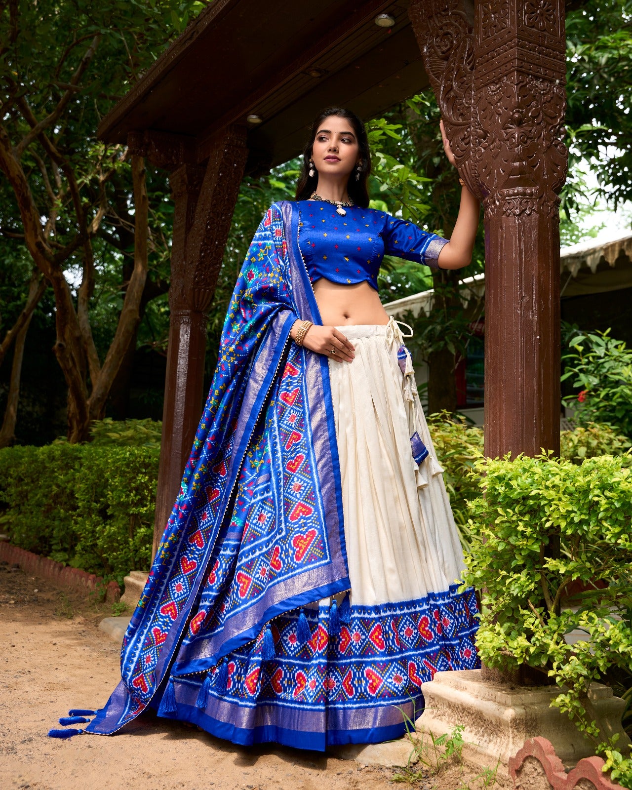 Stunning Royal Blue Tussar Silk Patola Printed Lehenga Choli Set - INDIAN ELEGANCE