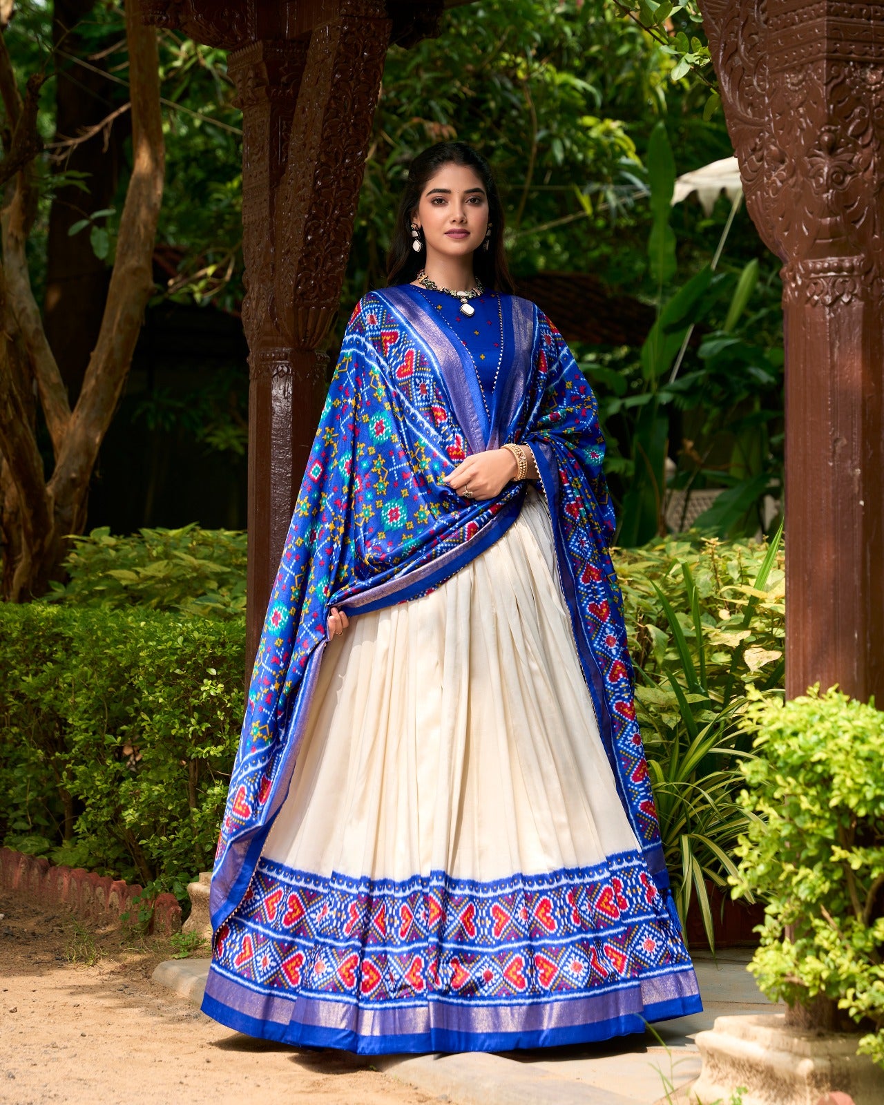 Stunning Royal Blue Tussar Silk Patola Printed Lehenga Choli Set - INDIAN ELEGANCE