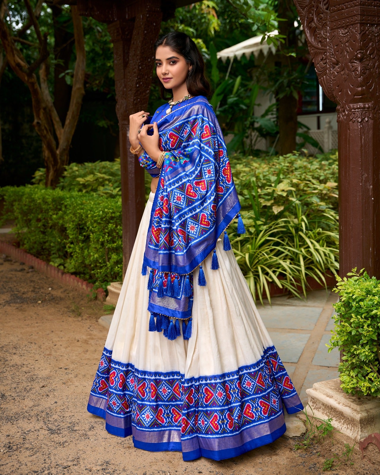 Stunning Royal Blue Tussar Silk Patola Printed Lehenga Choli Set - INDIAN ELEGANCE