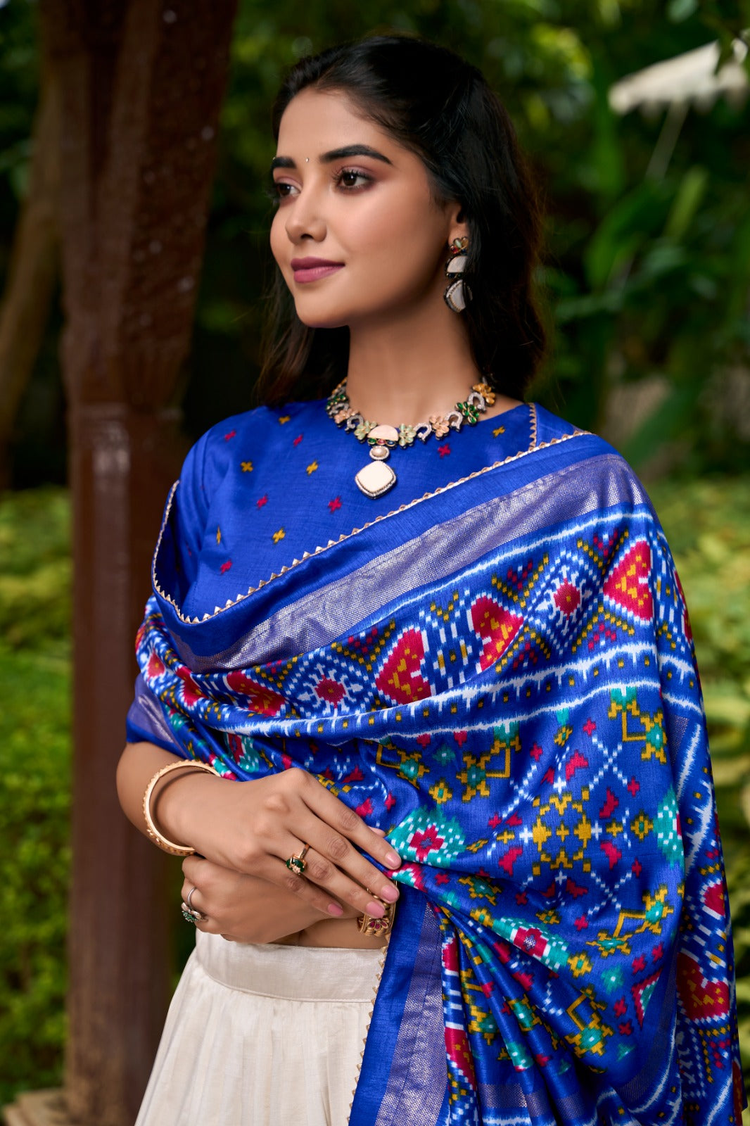 Stunning Royal Blue Tussar Silk Patola Printed Lehenga Choli Set - INDIAN ELEGANCE