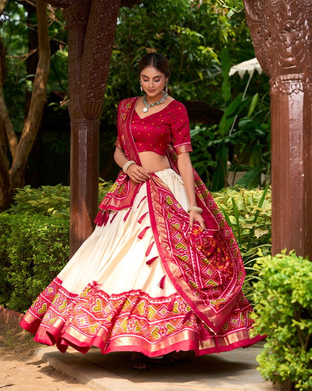 Enticing Red Tussar Silk Patola Printed Lehenga Choli Set - INDIAN ELEGANCE