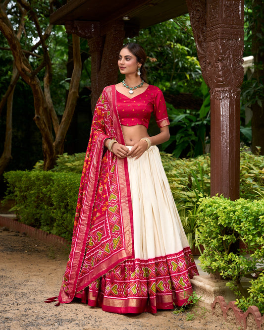 Enticing Red Tussar Silk Patola Printed Lehenga Choli Set - INDIAN ELEGANCE