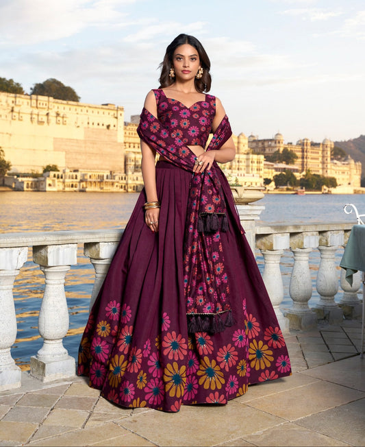 Breathtaking WineFloral Printed Foil Worked Tussar Silk Lehenga Choli - INDIAN ELEGANCE