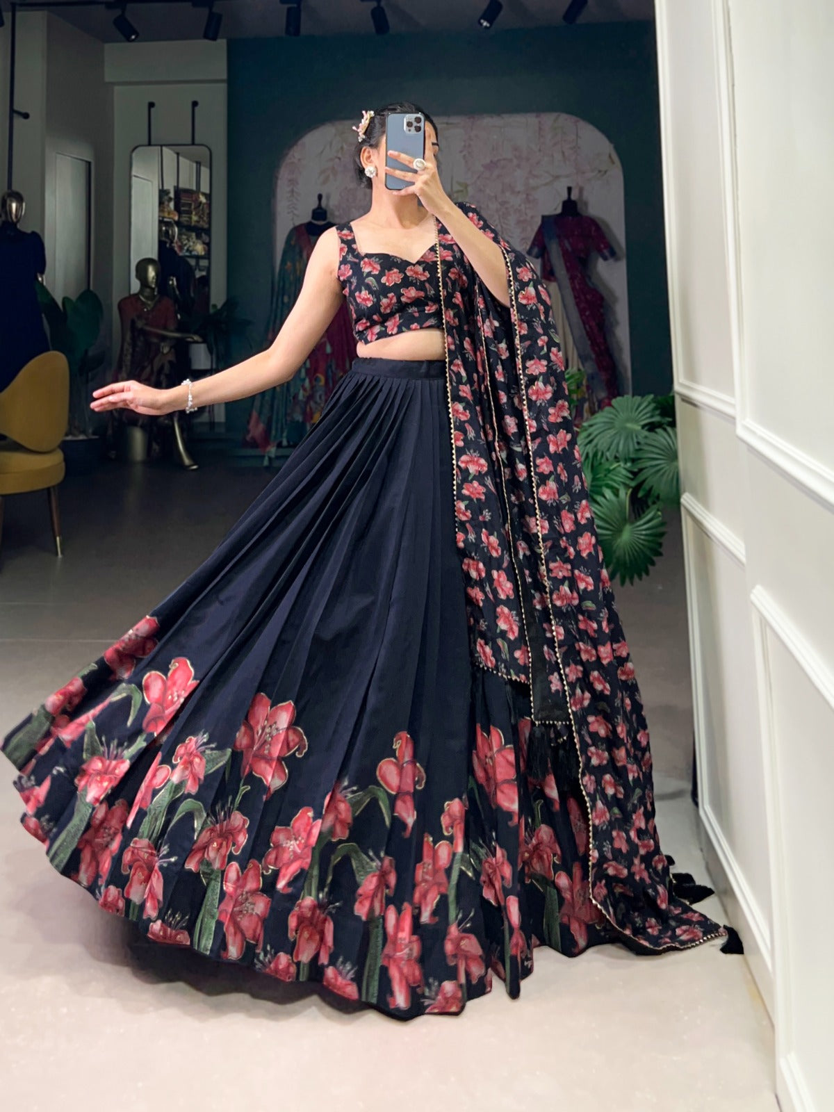 Stunning Tussar Silk Floral Printed Foil Worked Lehenga Choli - INDIAN ELEGANCE