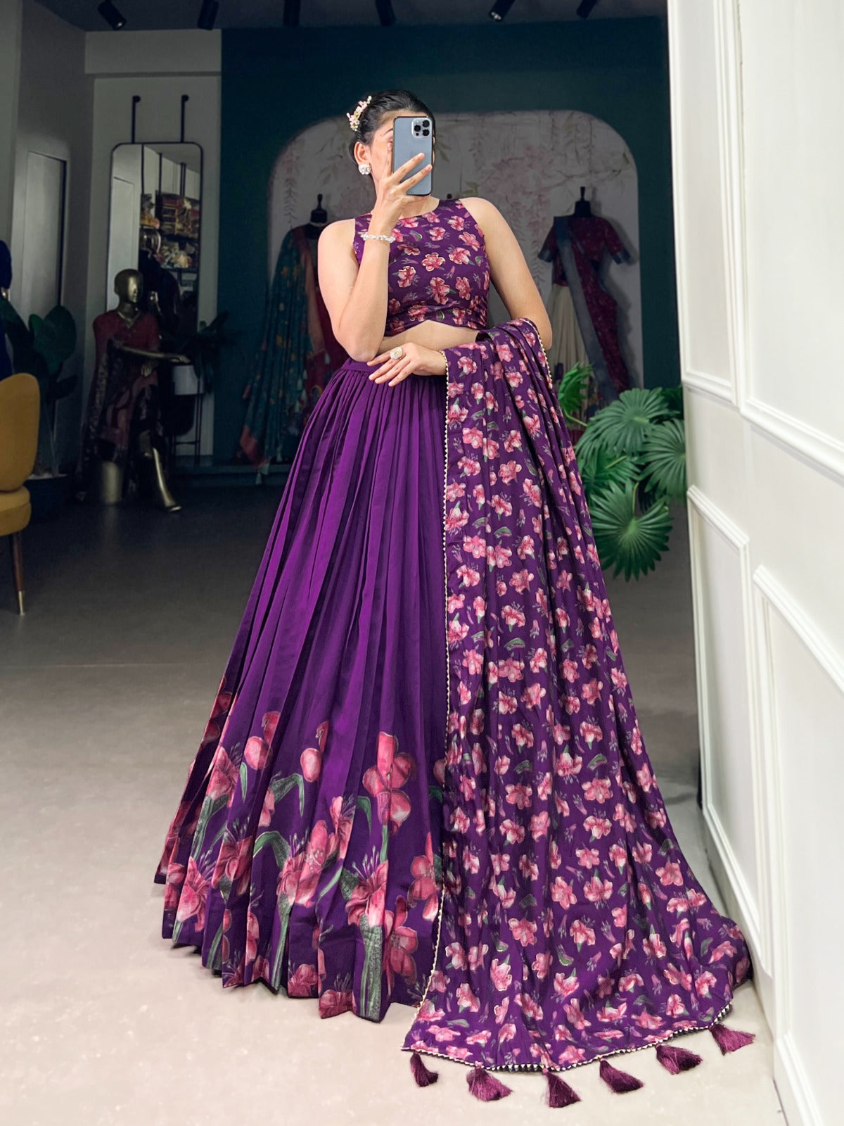 Stunning Tussar Silk Floral Printed Foil Worked Lehenga Choli - INDIAN ELEGANCE