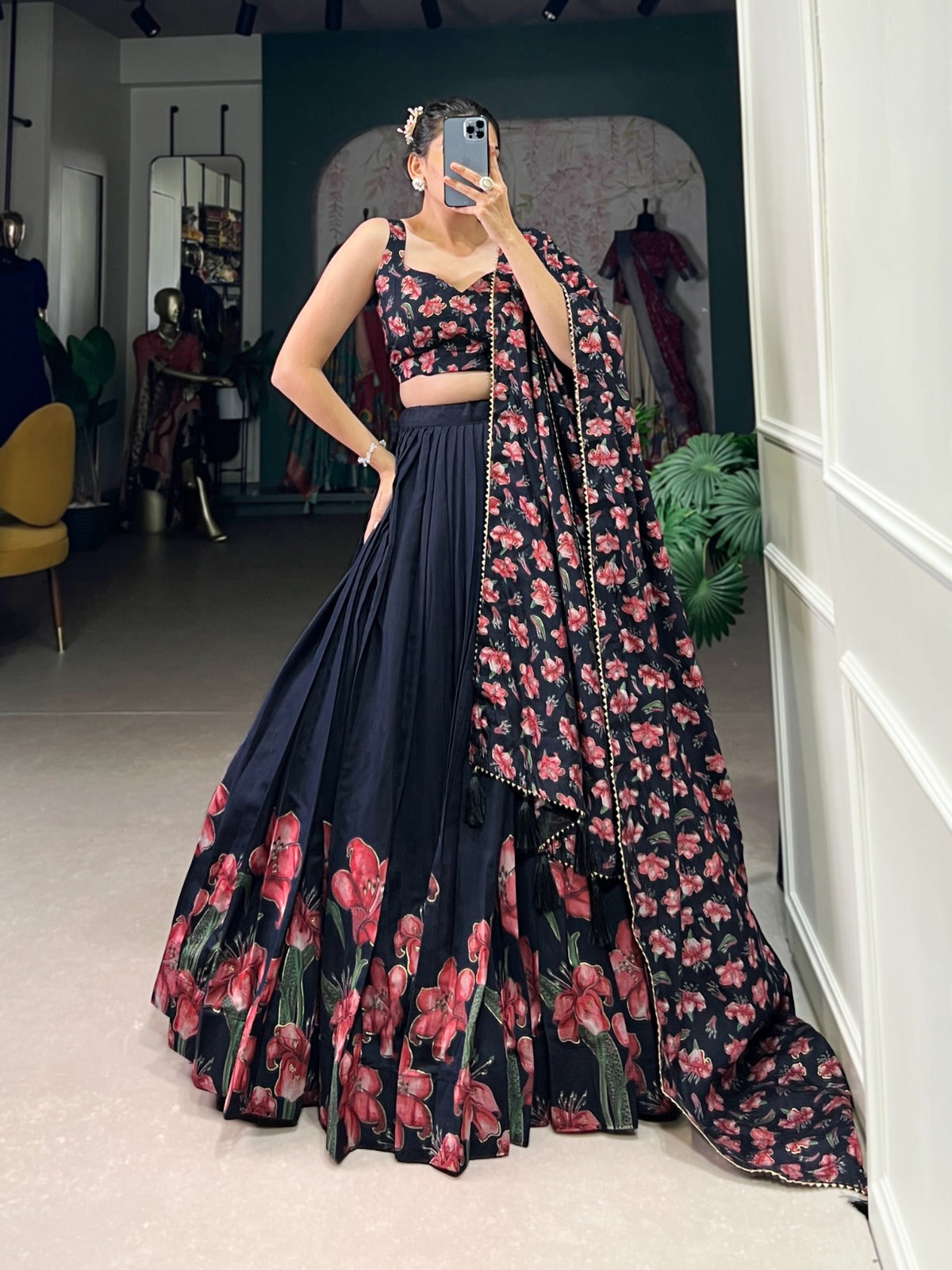 Stunning Tussar Silk Floral Printed Foil Worked Lehenga Choli - INDIAN ELEGANCE