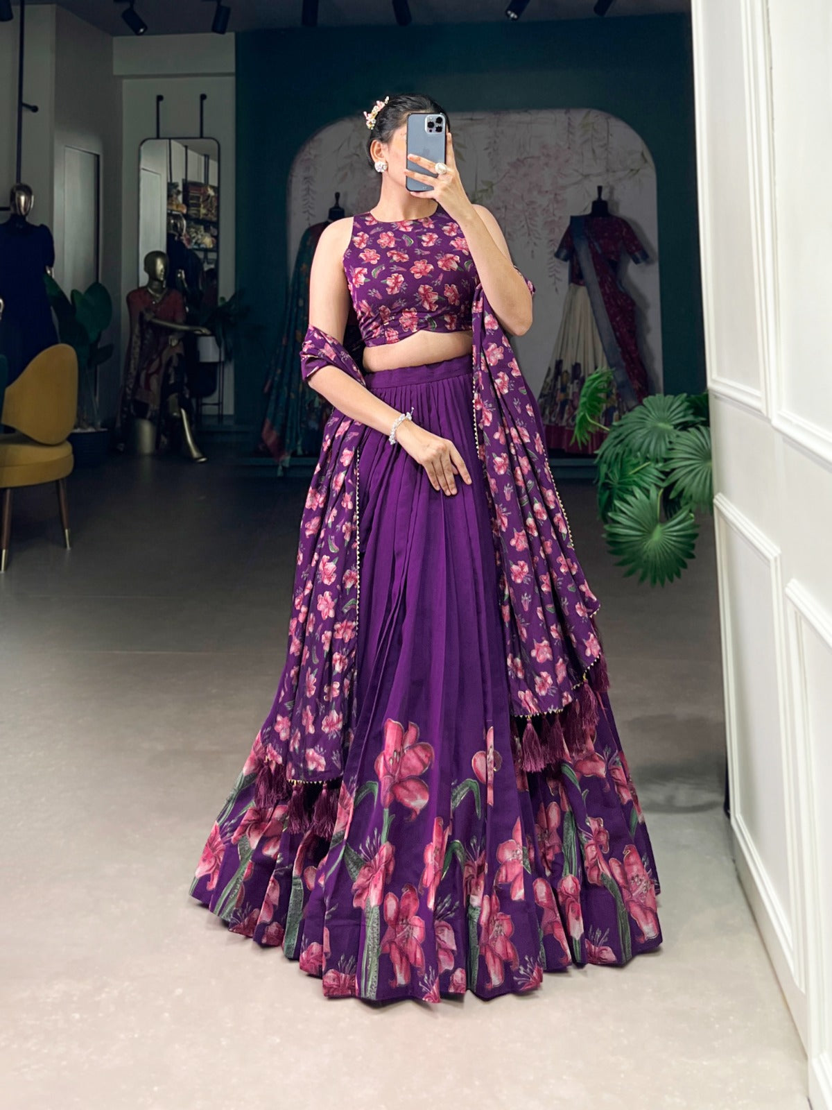 Stunning Tussar Silk Floral Printed Foil Worked Lehenga Choli - INDIAN ELEGANCE