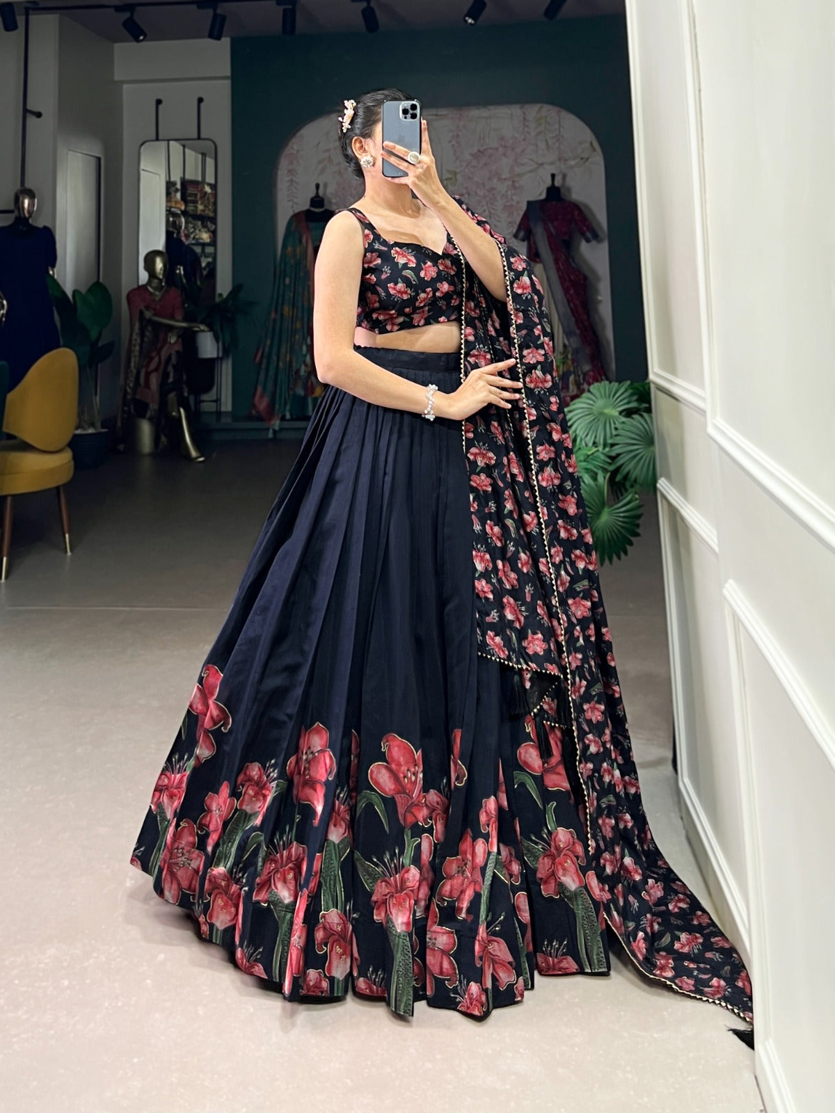 Stunning Tussar Silk Floral Printed Foil Worked Lehenga Choli - INDIAN ELEGANCE