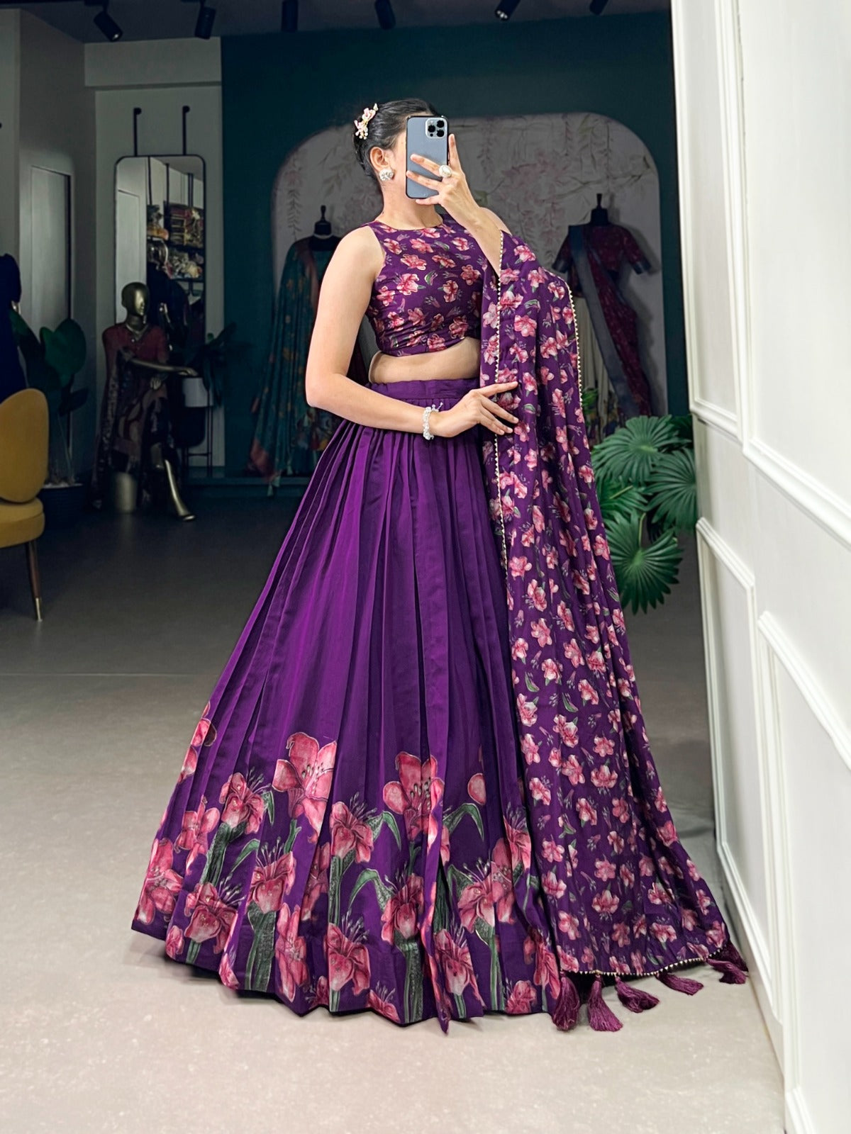 Stunning Tussar Silk Floral Printed Foil Worked Lehenga Choli - INDIAN ELEGANCE