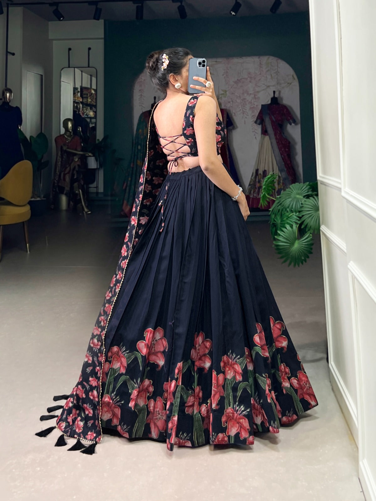 Stunning Tussar Silk Floral Printed Foil Worked Lehenga Choli - INDIAN ELEGANCE