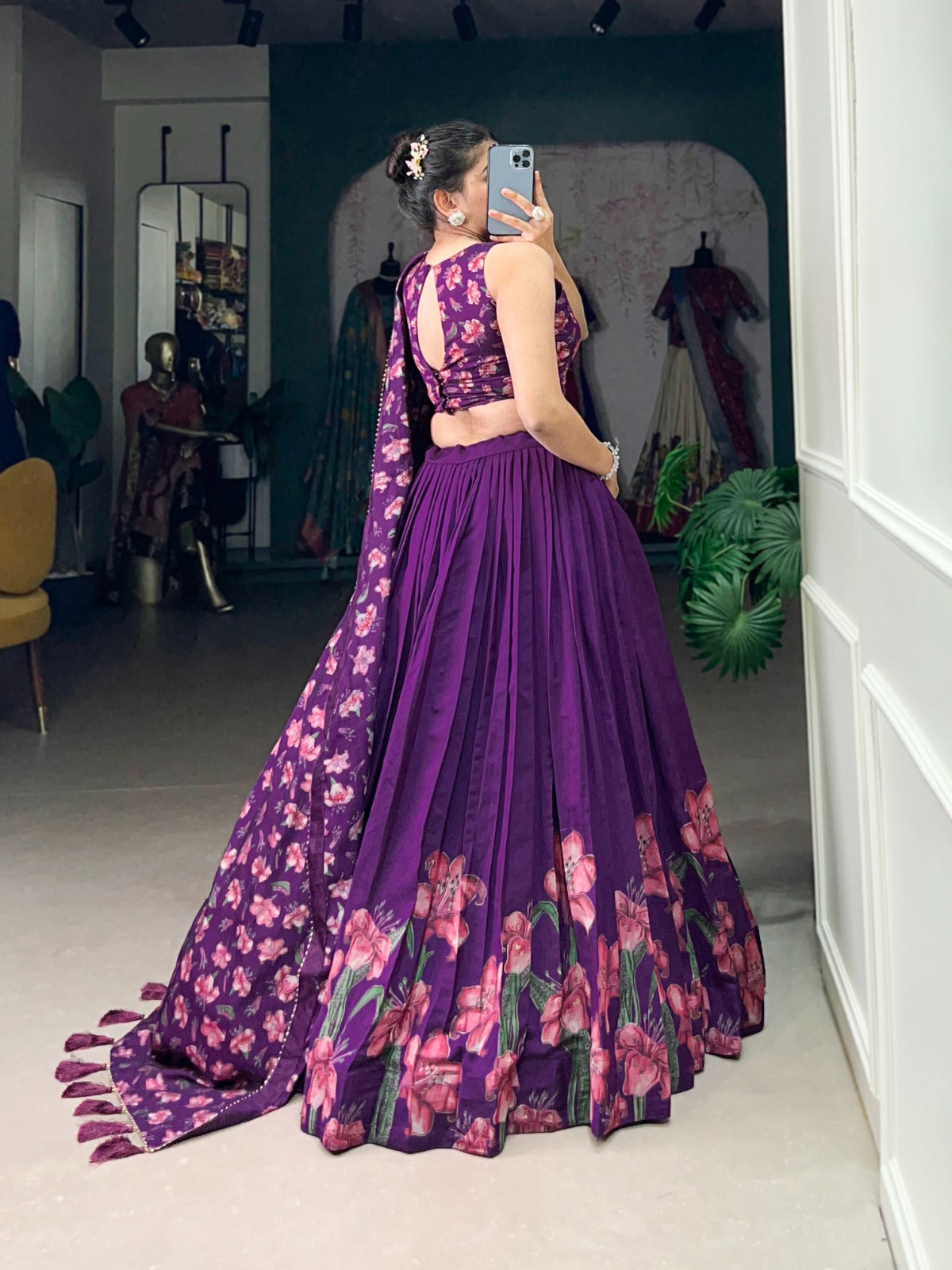 Stunning Tussar Silk Floral Printed Foil Worked Lehenga Choli - INDIAN ELEGANCE