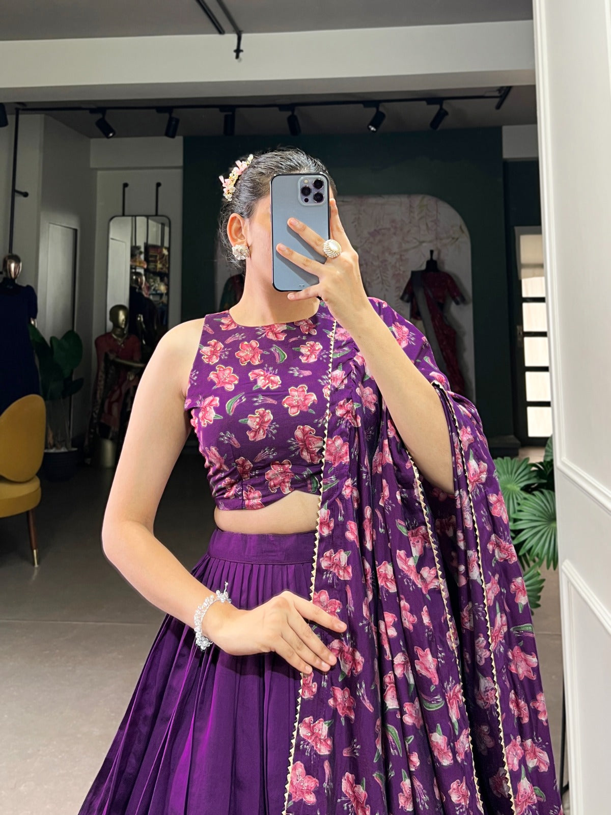Stunning Tussar Silk Floral Printed Foil Worked Lehenga Choli - INDIAN ELEGANCE