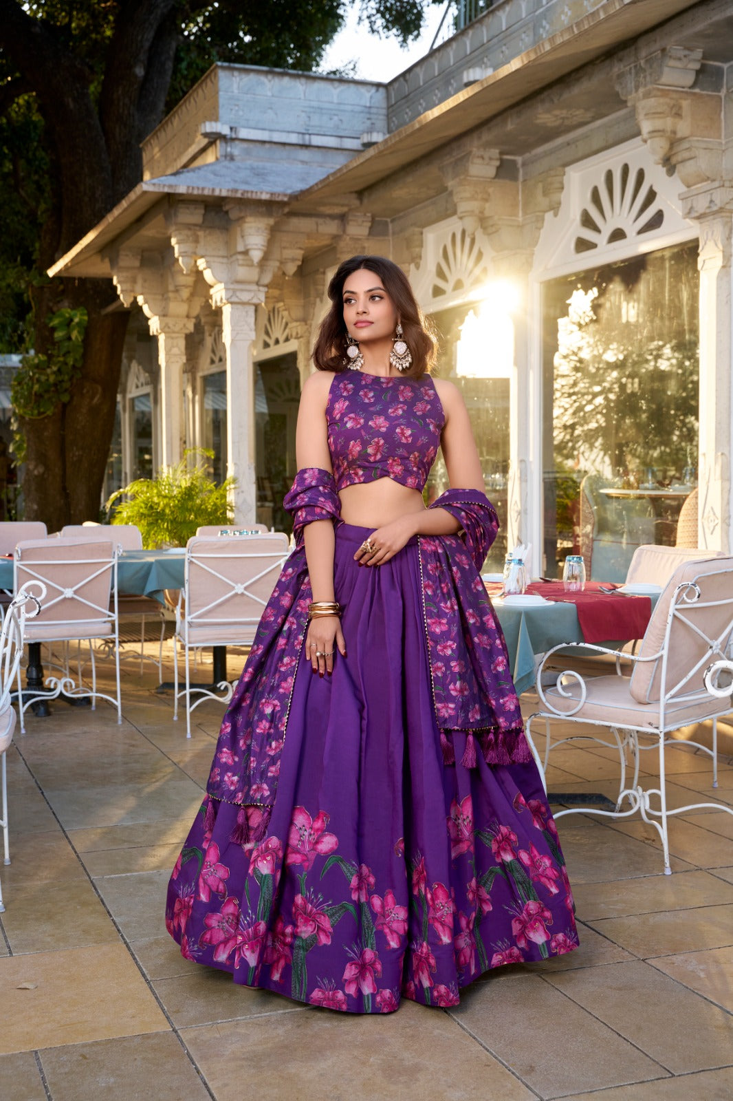 Stunning Tussar Silk Floral Printed Foil Worked Lehenga Choli - INDIAN ELEGANCE