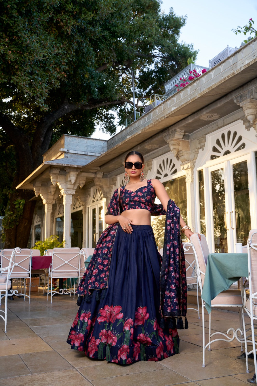 Stunning Tussar Silk Floral Printed Foil Worked Lehenga Choli - INDIAN ELEGANCE