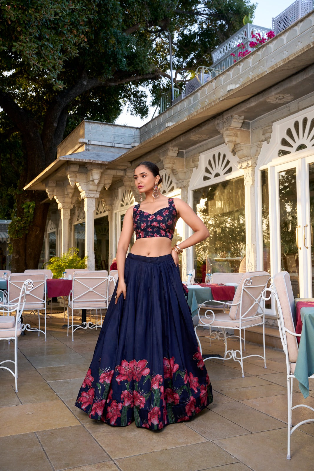 Stunning Tussar Silk Floral Printed Foil Worked Lehenga Choli - INDIAN ELEGANCE
