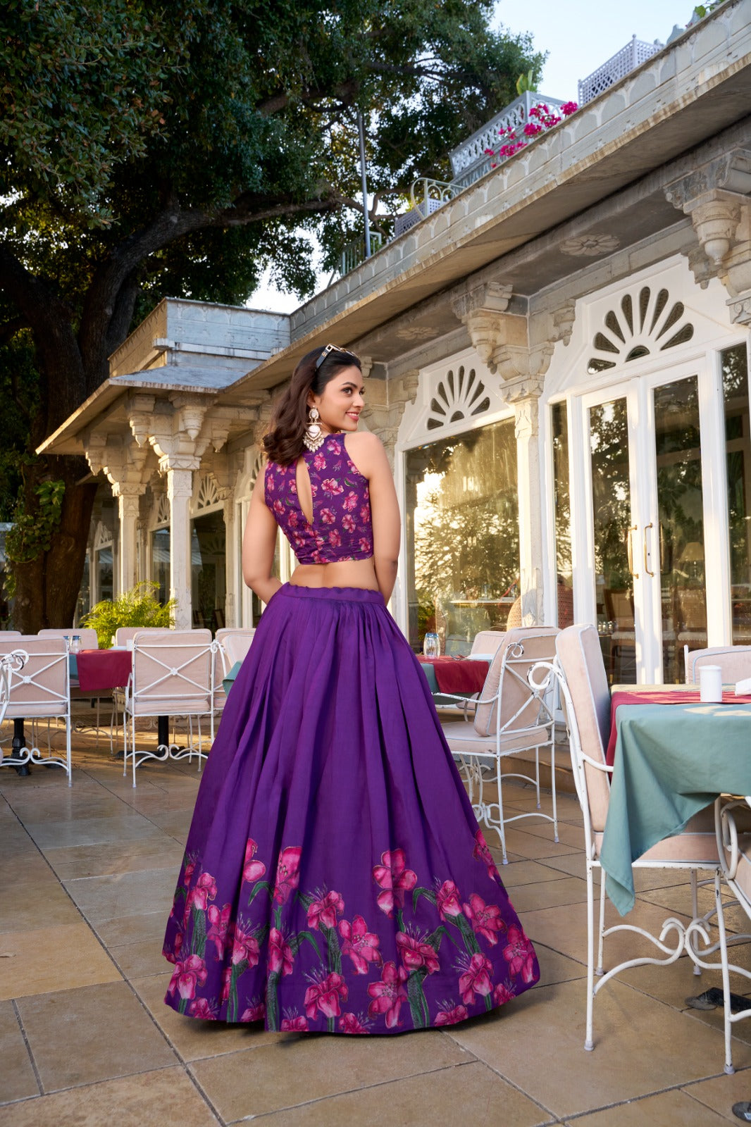 Stunning Tussar Silk Floral Printed Foil Worked Lehenga Choli - INDIAN ELEGANCE