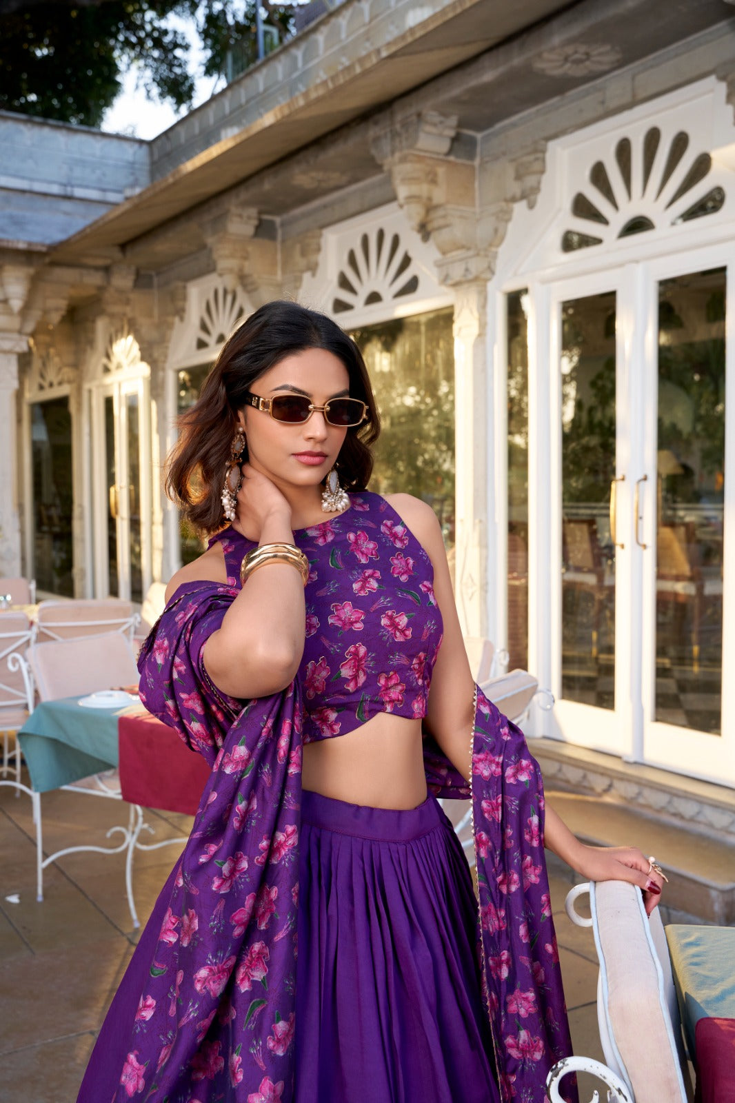 Stunning Tussar Silk Floral Printed Foil Worked Lehenga Choli - INDIAN ELEGANCE