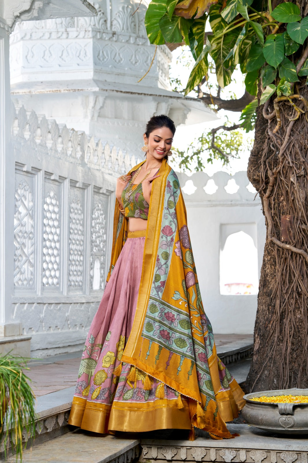 Delightful Jacquard Silk Kalamkari Printed Lehenga Choli Set - INDIAN ELEGANCE