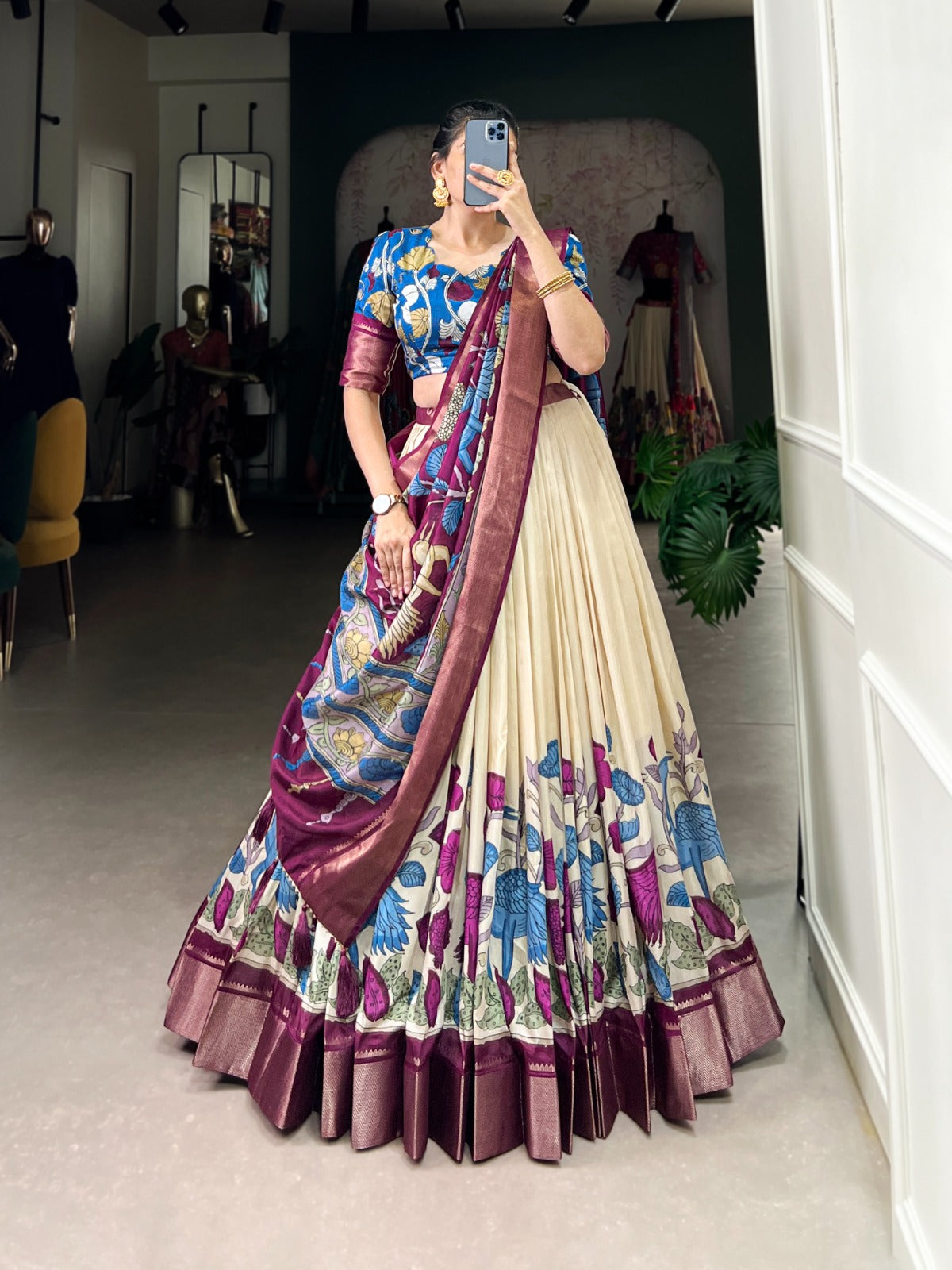Delightful Jacquard Silk Kalamkari Printed Lehenga Choli Set - INDIAN ELEGANCE