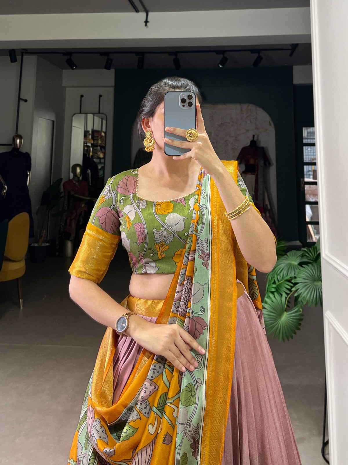 Delightful Jacquard Silk Kalamkari Printed Lehenga Choli Set - INDIAN ELEGANCE