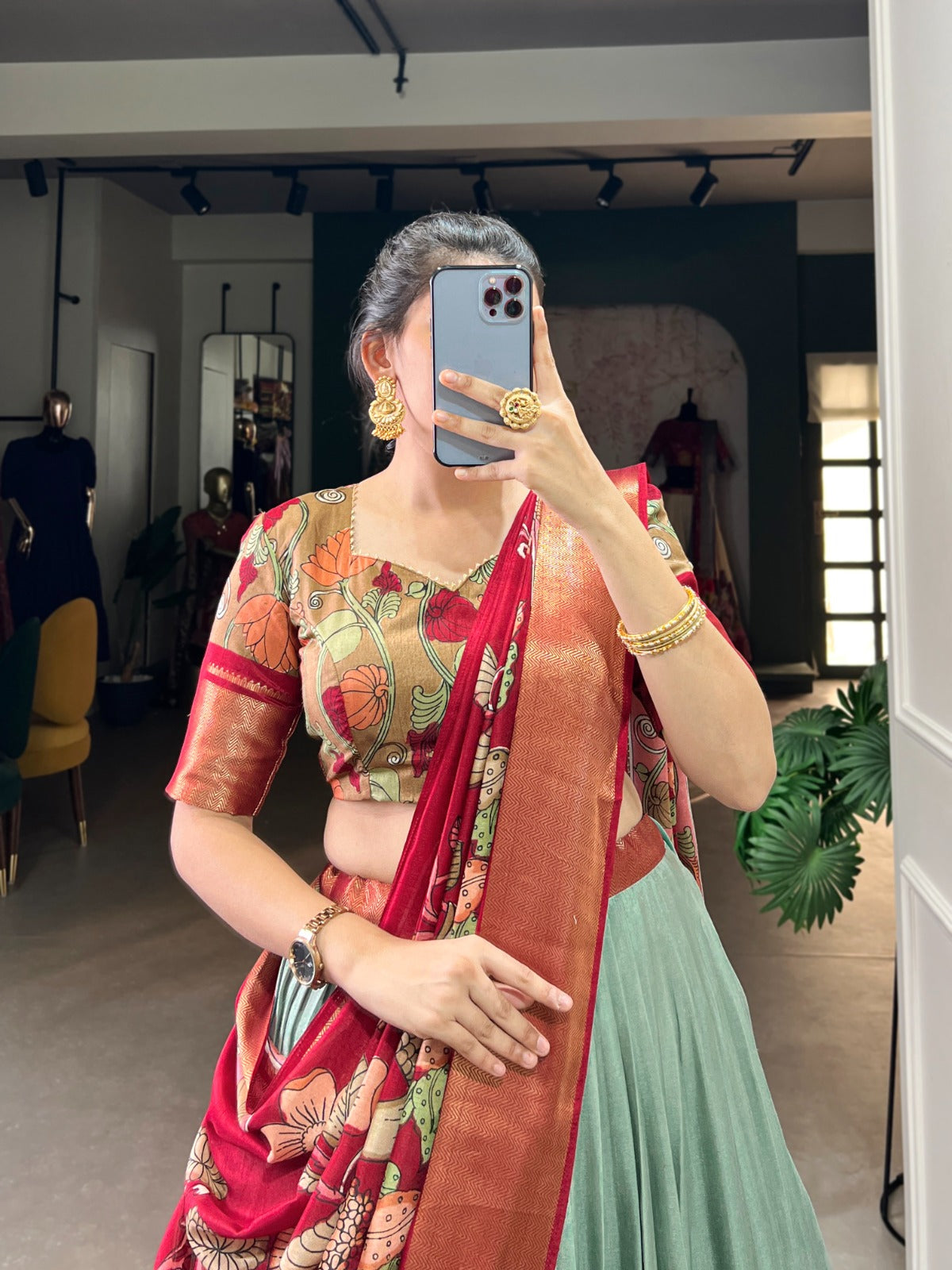 Delightful Jacquard Silk Kalamkari Printed Lehenga Choli Set - INDIAN ELEGANCE