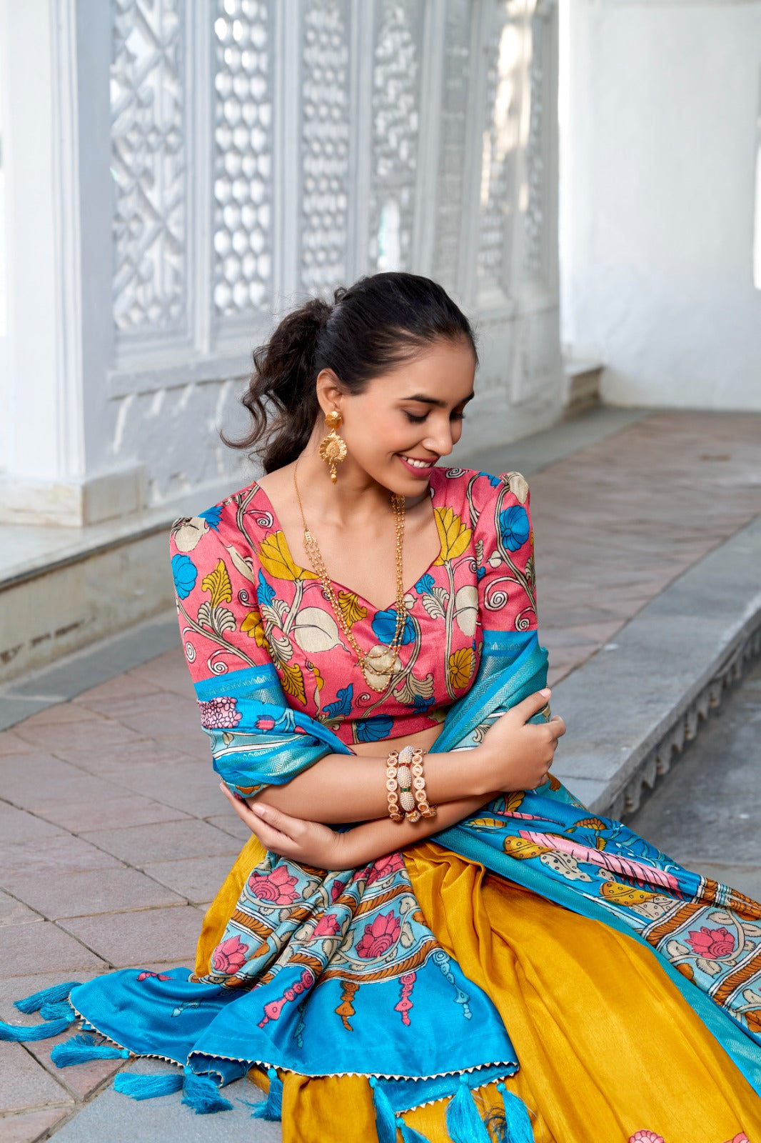 Delightful Jacquard Silk Kalamkari Printed Lehenga Choli Set - INDIAN ELEGANCE