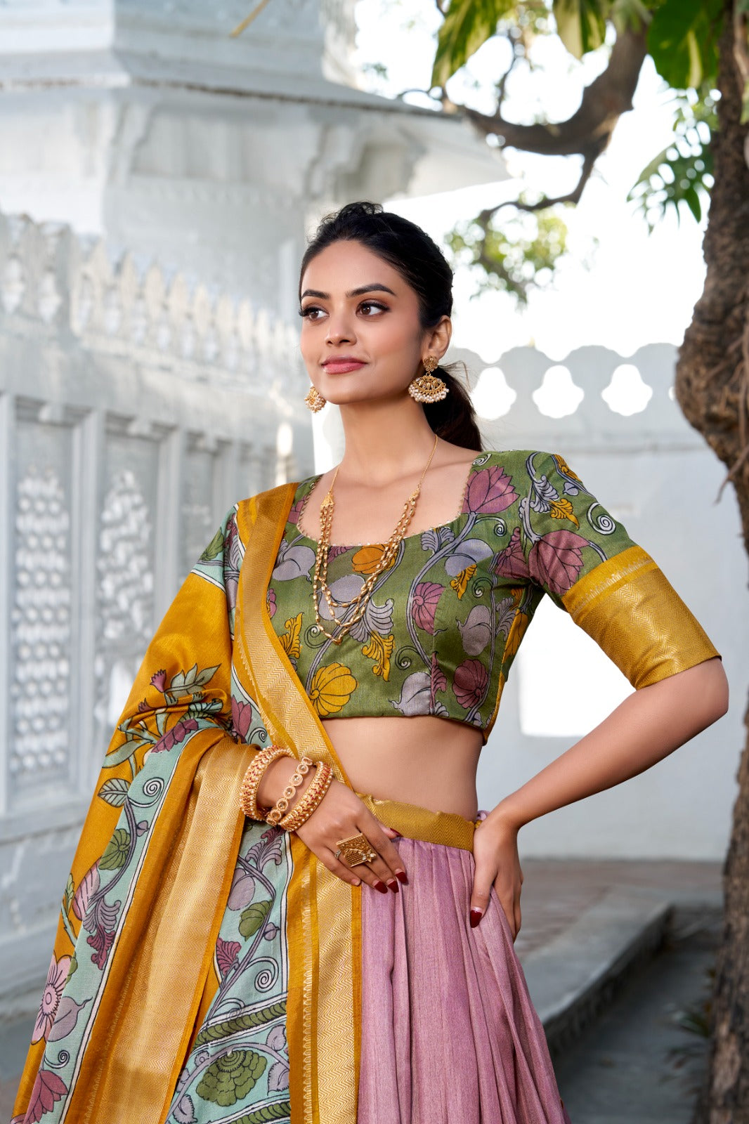 Delightful Jacquard Silk Kalamkari Printed Lehenga Choli Set - INDIAN ELEGANCE