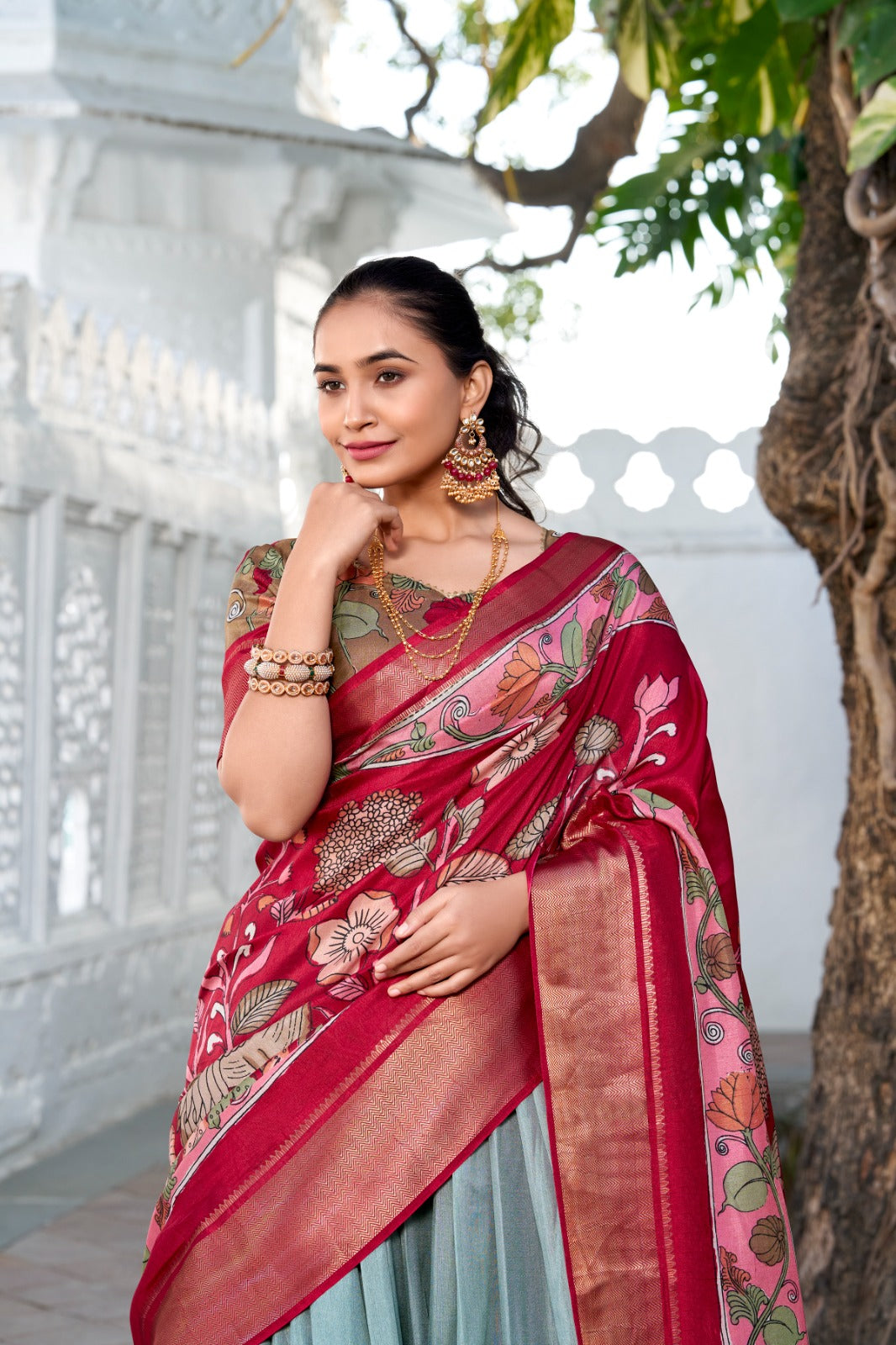 Delightful Jacquard Silk Kalamkari Printed Lehenga Choli Set - INDIAN ELEGANCE