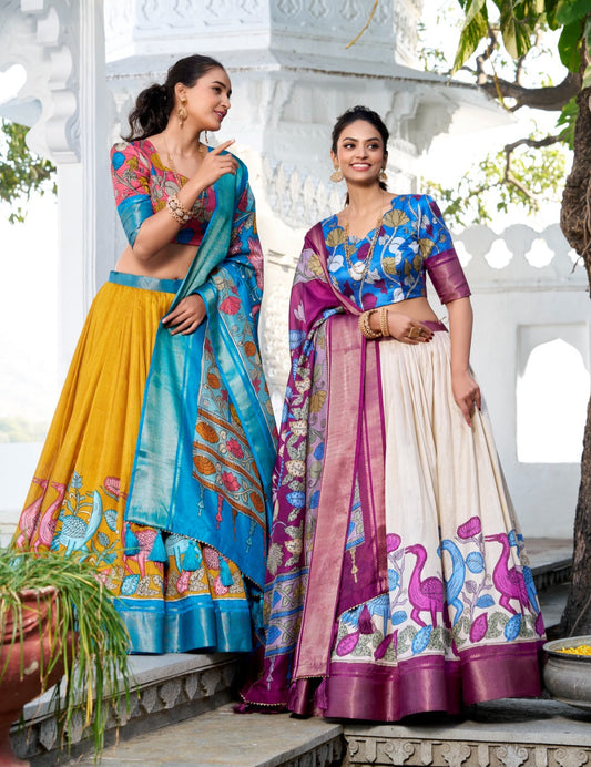 Delightful Jacquard Silk Kalamkari Printed Lehenga Choli Set - INDIAN ELEGANCE