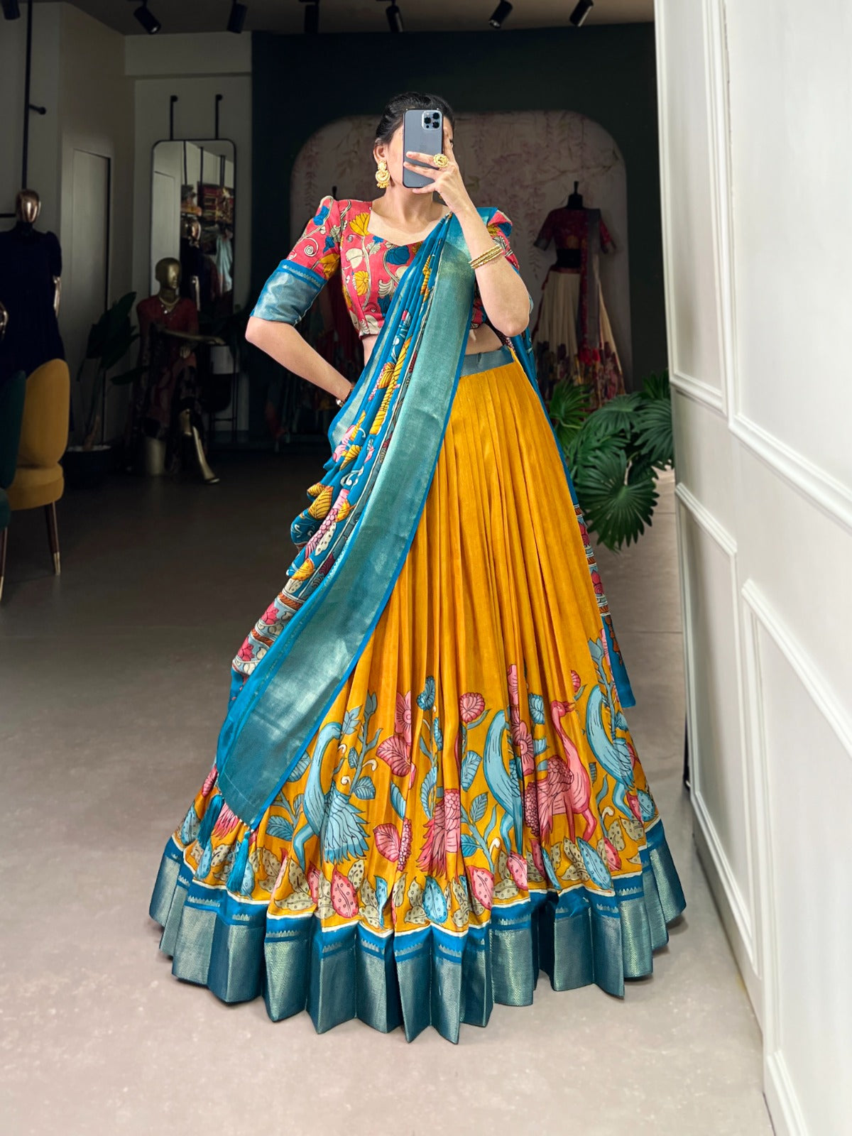 Delightful Jacquard Silk Kalamkari Printed Lehenga Choli Set - INDIAN ELEGANCE