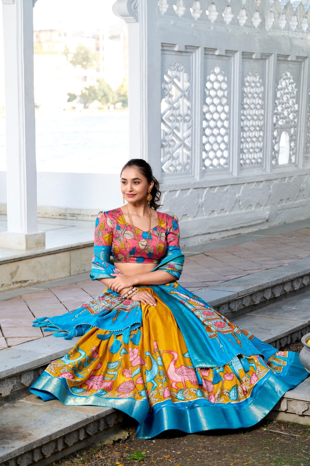 Delightful Jacquard Silk Kalamkari Printed Lehenga Choli Set - INDIAN ELEGANCE