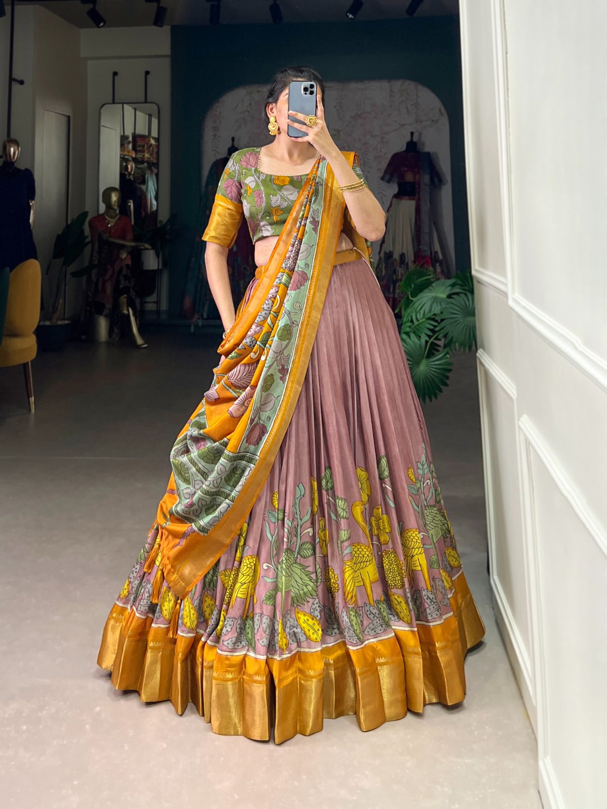 Delightful Jacquard Silk Kalamkari Printed Lehenga Choli Set - INDIAN ELEGANCE