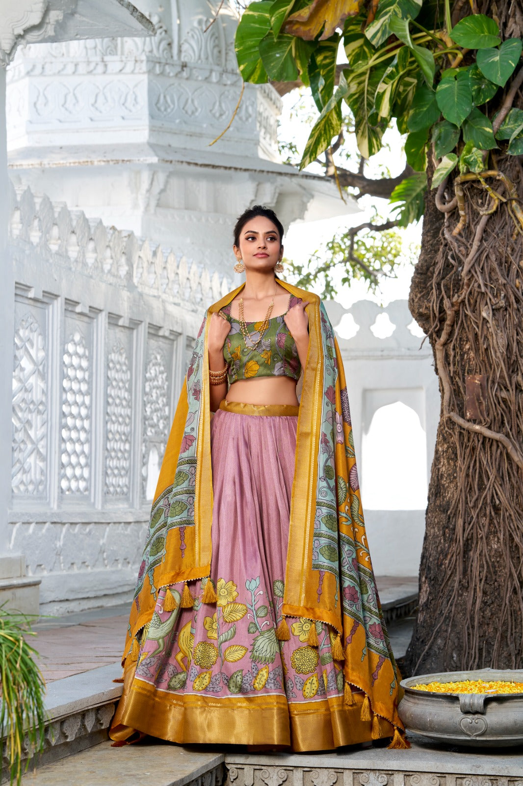 Delightful Jacquard Silk Kalamkari Printed Lehenga Choli Set - INDIAN ELEGANCE