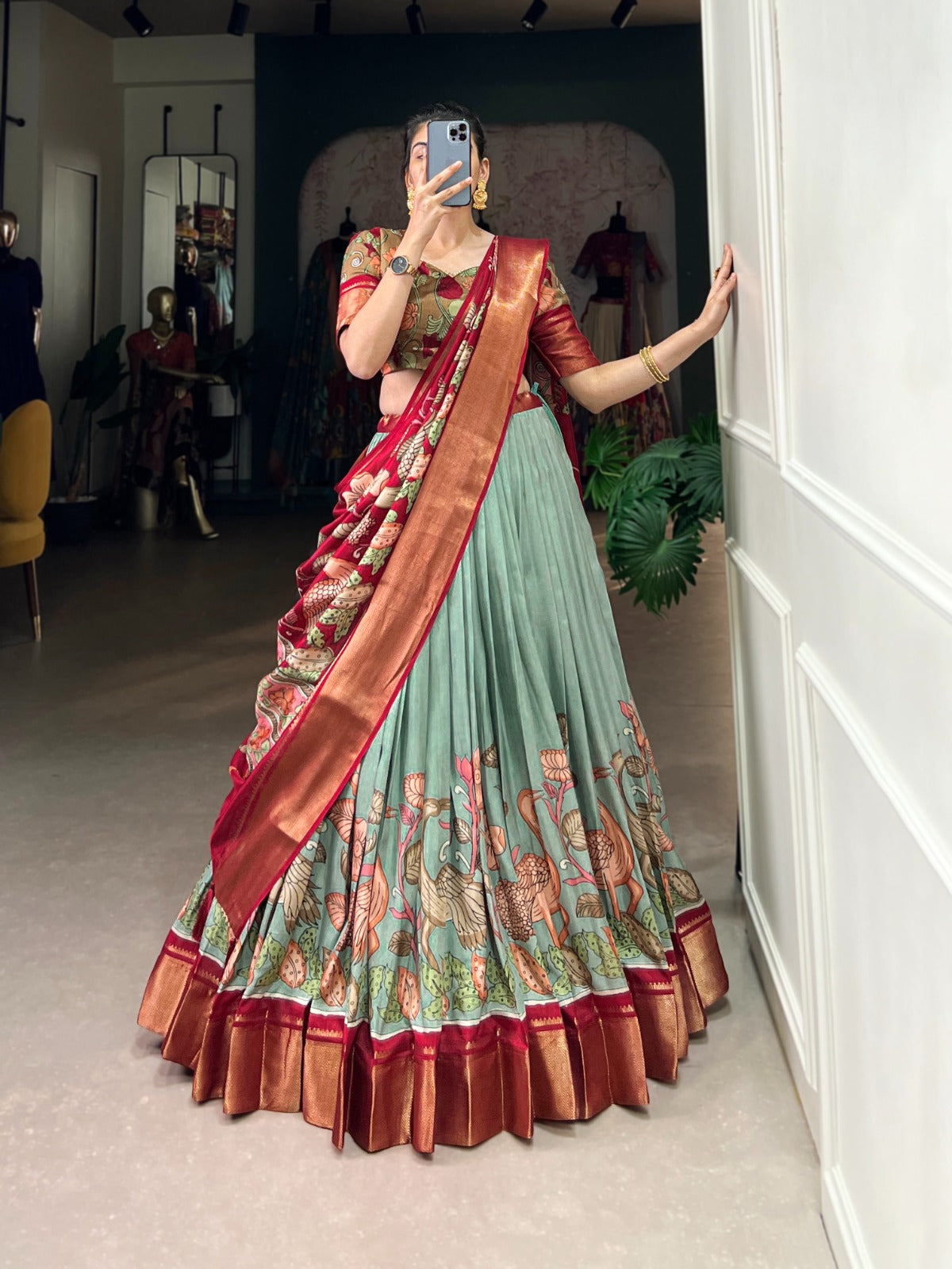 Delightful Jacquard Silk Kalamkari Printed Lehenga Choli Set - INDIAN ELEGANCE