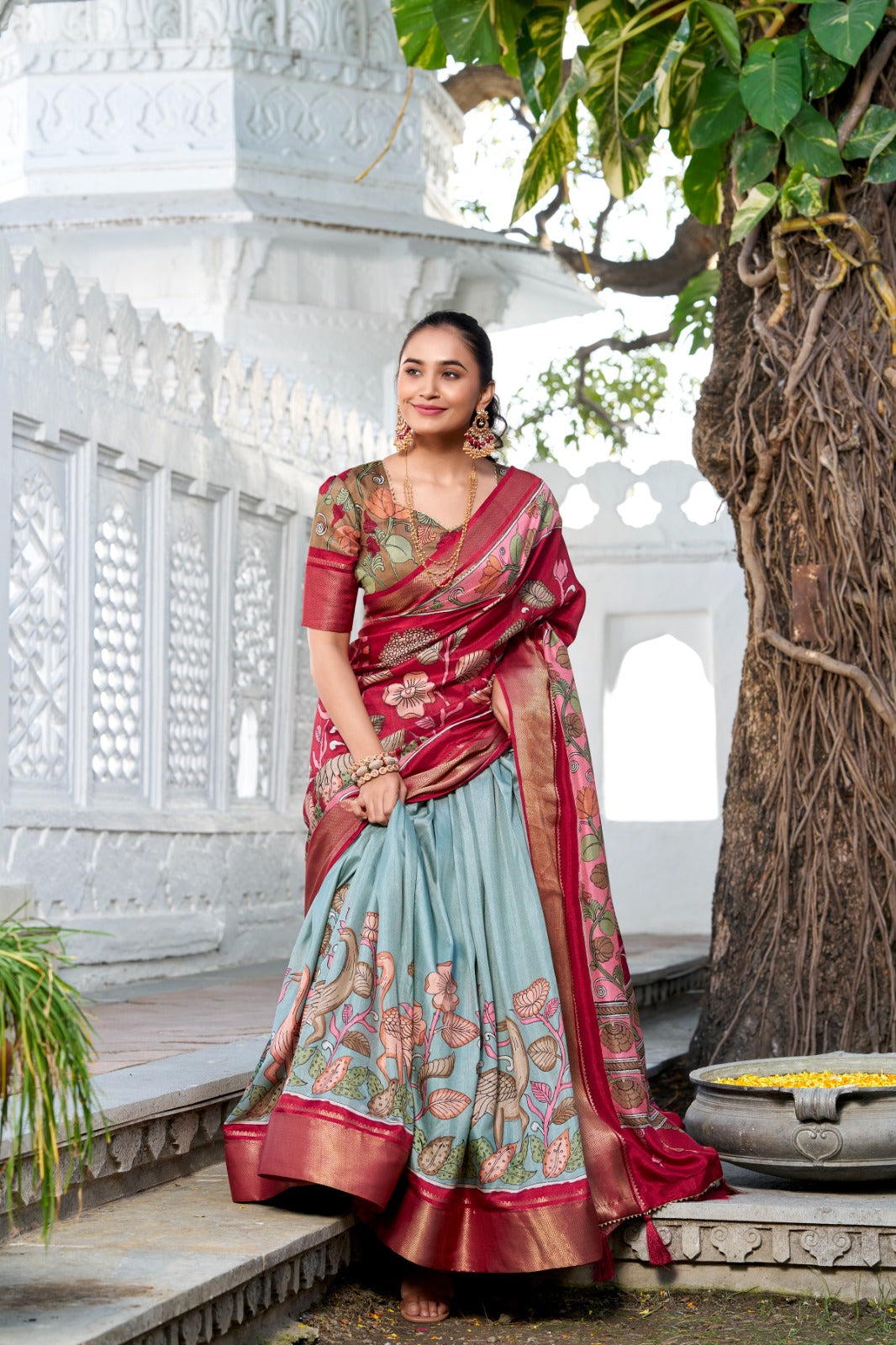 Delightful Jacquard Silk Kalamkari Printed Lehenga Choli Set - INDIAN ELEGANCE
